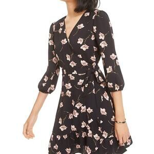Bar III black and pink Floral-Print Wrap Dress.  Size L